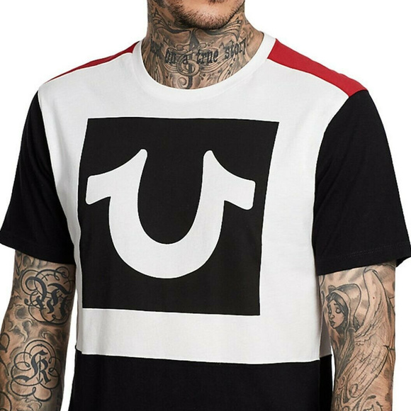 red black and white true religion shirt